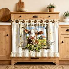 1pc American Farmhouse Style Fun Kitchen Dishwasher Cover Curtain, Printed With "Kiss The Cook" And "Welcome To My Kitchen" Slogans, Watercolor Wildflowers, Dairy Farm Window View, Kitchen Utensils Patterns, No-Drill Lace Ruffle Hem Half Curtain, Suitable For Oven, Dishwasher, Cabinet, Country Style Kitchen Decor - Multicolor - View 5