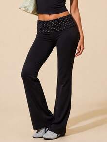 Polka Dot Print Patchwork Yoga Pants With Foldable Waistband, Ruched Slimming Design, Suitable For Outdoor Wear - Black - View 1