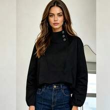 IGKEEL Women's Autumn/Winter Button-Up Blouse, Slimming Professional Elegant Business Style, Black Top Shirt, Elegant Women's Clothing, Women's Autumn Outfit, Suitable For Work/Outing/Holiday - Black - View 6