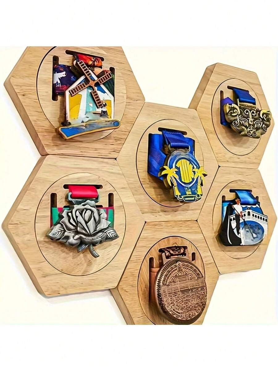 Hexagonal Wooden Medal Display Rack - Wall-Mounted Trophy And Ribbon Storage Shelf With Slots, Natural Wood Base, Suitable For Living Room, Office Decor - Space-Saving Award Storage, Medal Wall Hanging Rack, Hexagonal Design - Multicolor - View 1