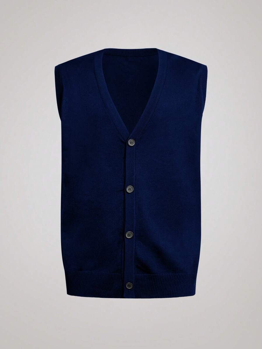 Officeau Men's Solid Color Single-Breasted Casual Knit Vest, Autumn/Winter - Navy Blue - View 1
