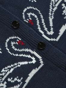 Women's Preppy Navy Knit Cardigan, Crew Neck Swan Jacquard Button Front Long Sleeve Cropped Sweater For Fall Campus Daily - Navy Blue - View 6