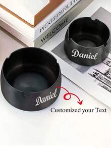 Personalized Stainless Steel Ashtray, Custom Text Ashtray, Customized Name Ashtray, Minimalist Desktop Ashtray, Personalized Gift For Him Her Dad Boyfriend, Home Office Bar Decor, Birthday Graduation Wedding Gift - Black - View 2