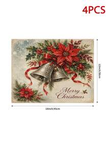 Christmas Table Runner, Throw Pillow, Placemat, Vintage Christmas Bell Red Ribbon, Red Holly Berry Print, Kitchen Dining Room Holiday Tabletop Decor - Multicolor - View 14