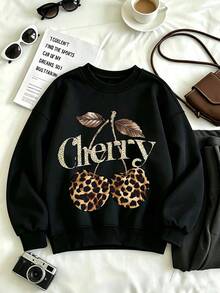 Leopard Print Cherry Pattern Soft Breathable Plus Size Women's Crew Neck Sweatshirt, Suitable For Autumn/Winter - Black - View 1