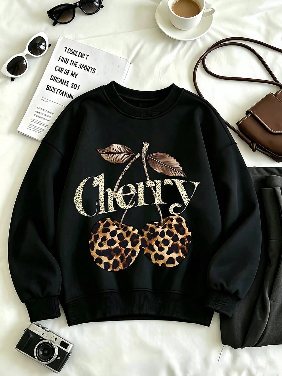 Leopard Print Cherry Pattern Soft Breathable Plus Size Women's Crew Neck Sweatshirt, Suitable For Autumn/Winter - Black - View 1