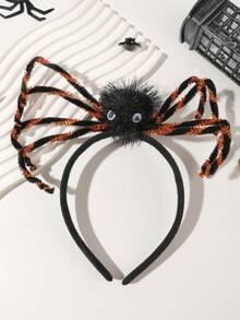1pc Dark Gothic Halloween Horror Spider Headband, Black Plush With Orange & Black Glitter Spider Legs, Party Costume Cosplay Photo Prop - Orange Spider - View 4