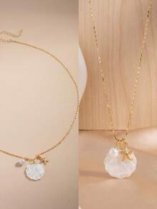 1pc Niche Design Seashell Beach Style Ocean Series Pendant Necklace Starfish Collarbone Chain - Gold - View 5