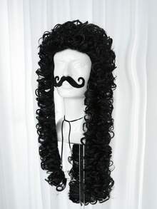 Black Long Curly Pirate Costume Wig Set, Historical Colonial Curly Wig With Fake Handlebar Mustache, Men Cosplay Wig For Halloween Theme Party Dress‑Up Role Play - Multicolor - View 5