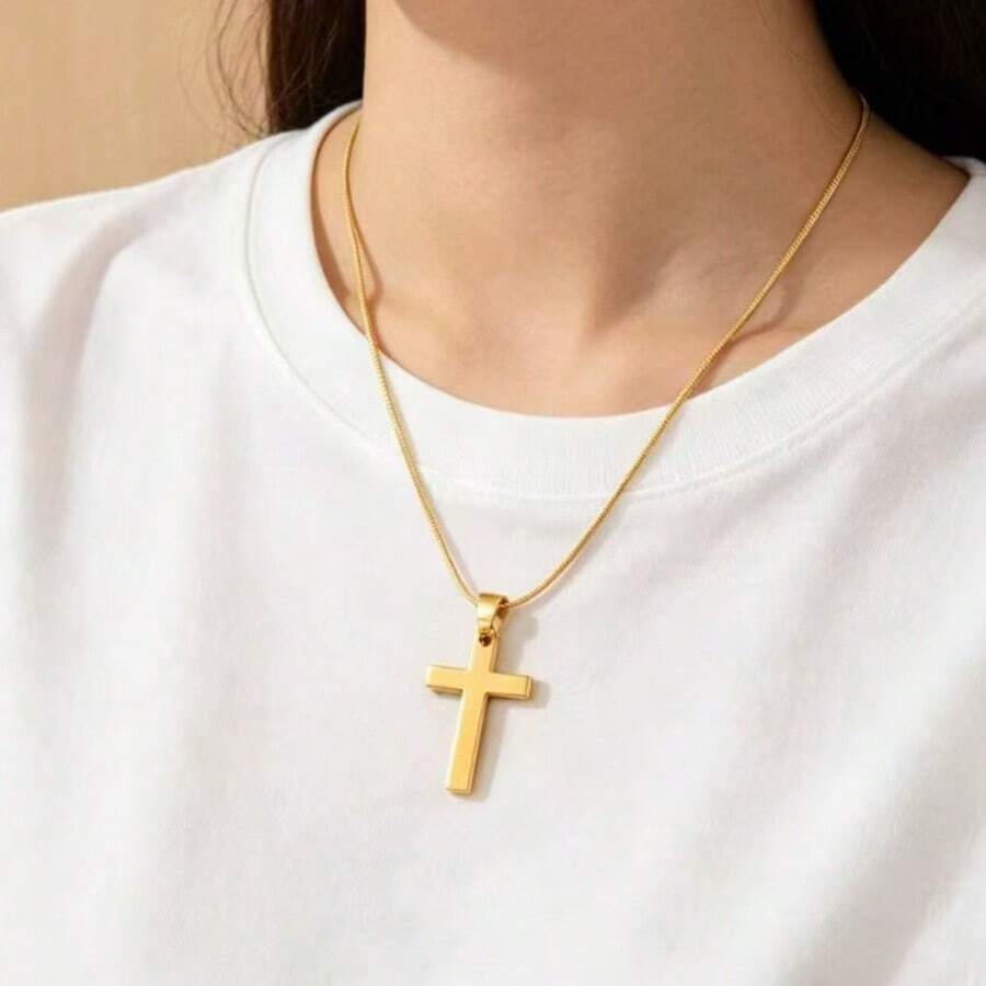 1pc Mirror Polished Cross Pendant Necklace, Hip Hop Cross Necklace, Couple Pendant Accessory - Gold - View 1