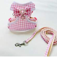 1 Set Cute Pet Harness & Leash Set, Pink Plaid Pet Harness & Leash Set With Gemstone Bowknot Decoration, Suitable For Cats And Dogs, Escape-Proof Pet Harness & Leash Set - Pink - View 6