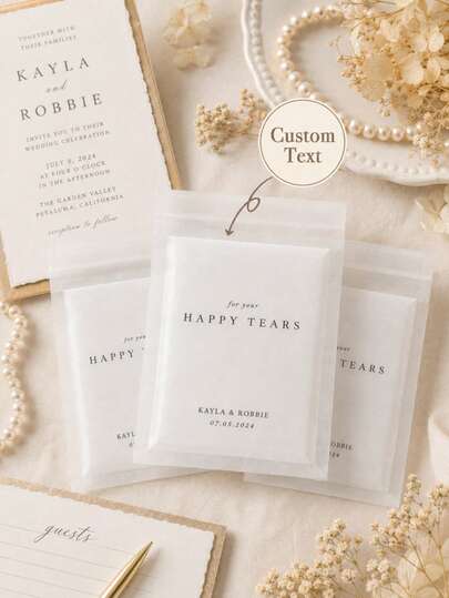 Personalisierter Hochzeits-Serviettenhalter (Servietten nicht enthalten), anpassbarer Name, Datum oder Text, Happy Tears Serviettenhalter für Hochzeiten, Servietten-Verpackungstasche für Hochzeitsgäste, Tischdekoration für Hochzeitsbankett, Hochzeits-Gastgeschenk