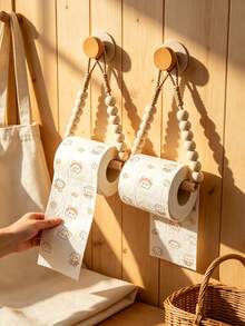 2pcs/1est Boho Wooden Bead Paper Towel Holder, Wall‑Mount No‑Drill Tissue Roll Rack, Farmhouse Hanging Towel Organizer, Halloween Christmas Back‑To‑School Essential For Bathroom Kitchen Decor - Multicolor - View 3