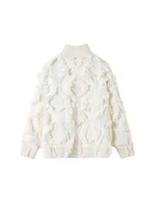 Premium 3D Tassel Knit Cardigan With Diamond Jacquard, High Neck, Double Zipper, Loose Fit, Niche Design Sweater Jacket For Men And Women, Spring/Autumn - White - View 3