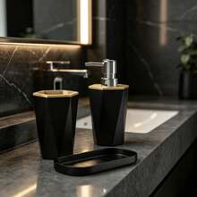 3 Piecesminimalist Black And White Geometric Bathroom Accessory Set, Bamboo Decorative Soap Dispenser, Toothbrush Cup With Trays, Modern Dressing Tables, Countertops, Home Bathroom Decorations - Multicolor - View 7