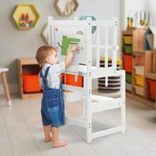 Torre multifuncional 3 en 1 para niños pequeños, taburete de cocina con pizarrón blanca, mesa de computadora y silla, disfruta de un diseño patentado único, CPC, SOR, CE, blanco - Blanco - Ver 3