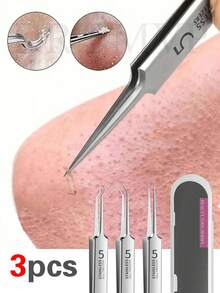 3pcs #5 Ultra-Fine Blackhead Removal Needle Set, Suitable For Normal Skin, Blackhead Removal Tool, Elegant And Durable Design, Beauty Salon Facial Care Tool, Comes With Storage Bag - Multicolor - View 2