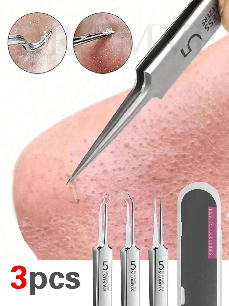3pcs #5 Ultra-Fine Blackhead Removal Needle Set, Suitable For Normal Skin, Blackhead Removal Tool, Elegant And Durable Design, Beauty Salon Facial Care Tool, Comes With Storage Bag