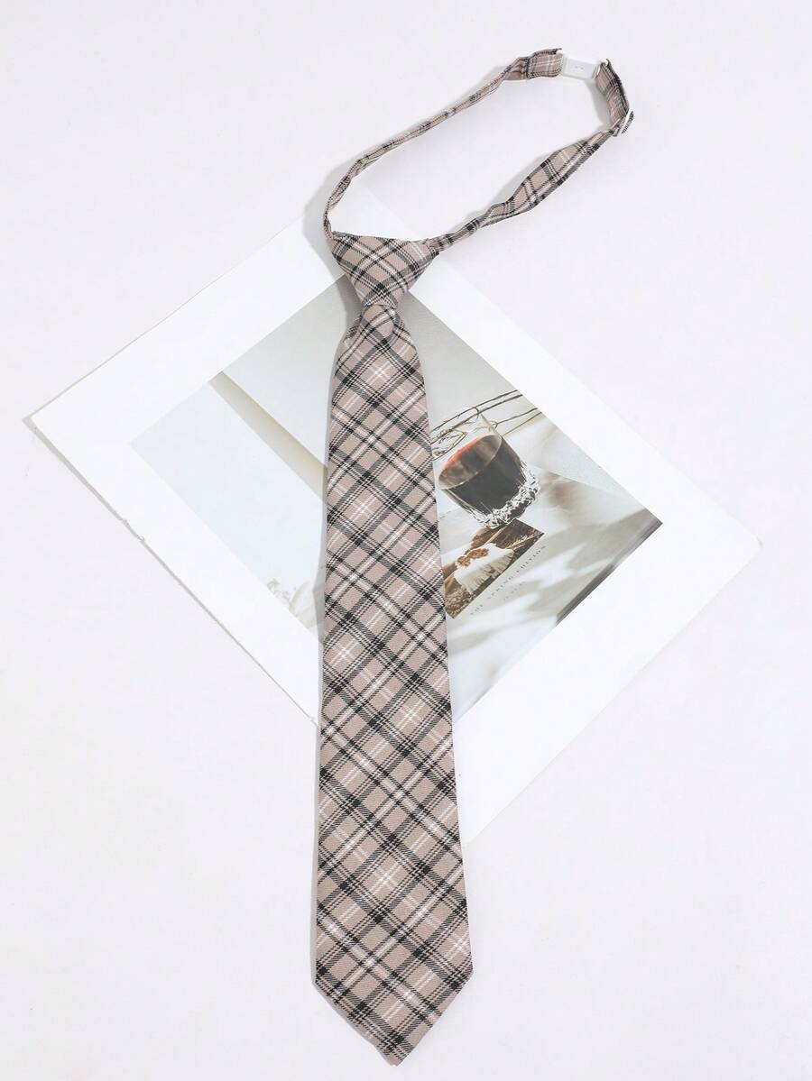 1pc Women's Casual Versatile Plaid Diamond Pattern Tie-Free Collar - Khaki Hand-knitted - View 1