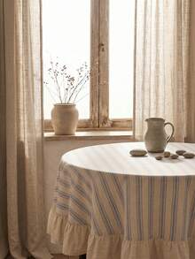 1pc Beige Base Blue Fine Striped Round Tablecloth, Natural Rustic Style Fabric, Round Beige With Scalloped Edge And Patchwork Detail, Decorative And Functional, Suitable For Daily Home And Rustic Dining Table Decor - Blue - View 4