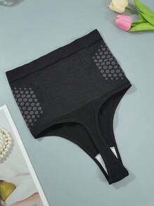 Women's High Waist Thong - Tummy Control - Solid Color, Suitable For Daily Wear, Seamless Fabric, Smooth Texture - Black - View 6