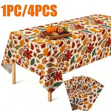 Tablecloth, 4PCS/1PC Autumn, Thanksgiving Plastic Rectangular Tablecloth, 108*54 Inch Disposable Autumn Maple Leaf Tablecloth Background, Harvest Pumpkin Tablecloth Suitable For Autumn Party Supplies - Multicolor - View 1
