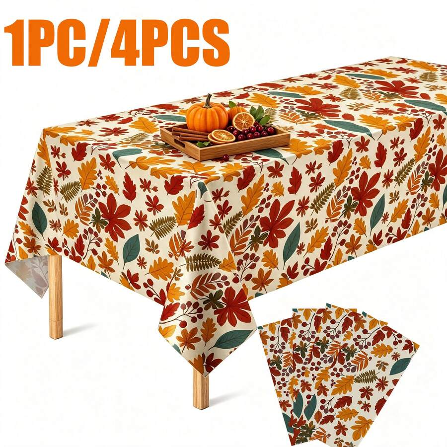 Tablecloth, 4PCS/1PC Autumn, Thanksgiving Plastic Rectangular Tablecloth, 108*54 Inch Disposable Autumn Maple Leaf Tablecloth Background, Harvest Pumpkin Tablecloth Suitable For Autumn Party Supplies - Multicolor - View 1
