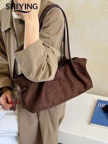 1pc Solid Color Suede New Women's Backpack, One Shoulder Bag, Fashionable Large Capacity Tote Bag, Suitable For Commuting, Shopping, Dating - Multicolor - View 4