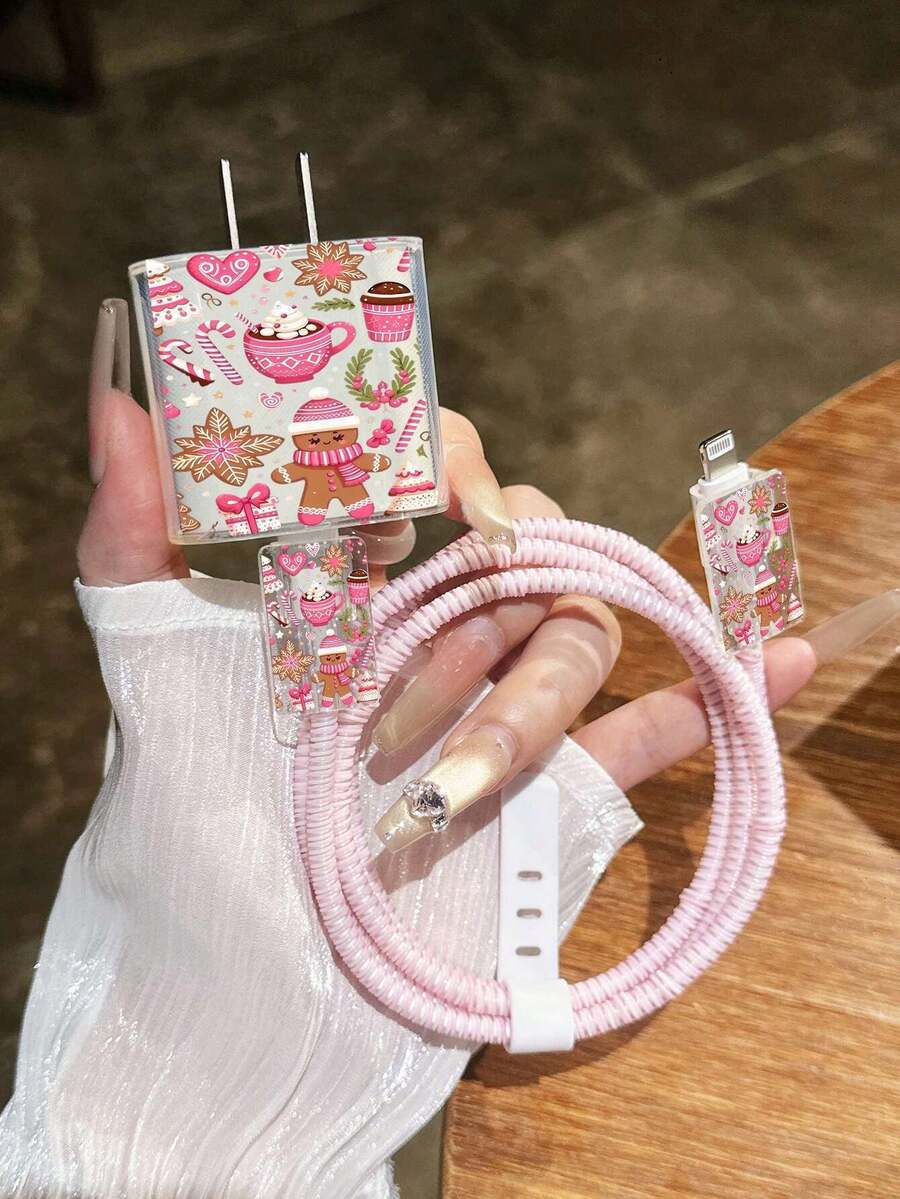 Pink Christmas Gingerbread Man Theme Pattern, For IPhone18W/20w Transparent Charger Protective Case, For IPhone13/14/15 Charger Protective Case, 20W Charger Protective Set, Cable Protective Sleeve, Charging Cable Head Protective Sleeve, Gift, Transparent Protective Case, Charger Protective Shell - Multicolor - View 1