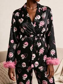 Women's Black & Pink Halloween Skeleton Print Satin Pajama Se Smooth Faux Silk Fabric,Party & Home Wear 2-Piece Set - Black - View 3