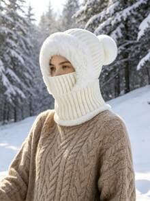 JOYLORD 1pc Women's Winter Knitted Hat Scarf Mask All-In-One Cap, Windproof Thermal Lined Warm Woolen Hat For Cycling - Hooded Bodysuit - View 12