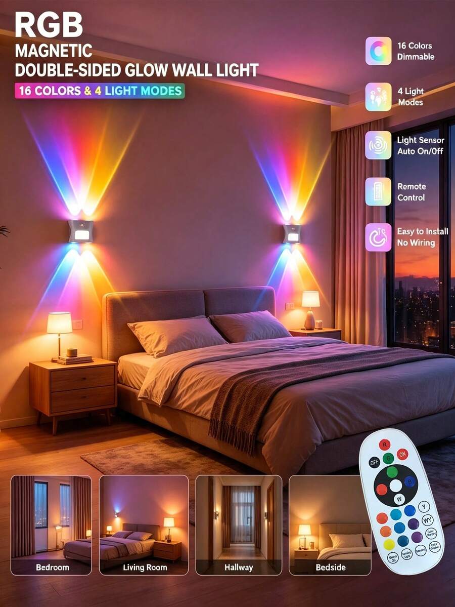 1 Set (2pcs): 1 Remote Control + 1 Smart Wall Light, 16-Color Smart Sensor RGB Wall Light Night Light, Magnetic Installation, Remote Control Operation, USB Rechargeable, Suitable For Bedroom, Living Room, Game Room And Holiday Party Lighting