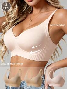 3pcs Seamless Wireless Lift Bra, Removable Soft Cups, Lightweight Unpadded Lingerie - Multicolor - View 8