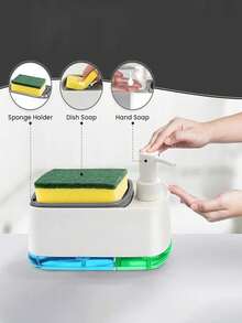 2-In-1 Dish Soap Dispenser With Sponge Holder, Refillable Manual Pump Bottle With Drainage Tray, Space-Saving Kitchen Sink Countertop Organizer, Automatic Liquid Dispenser Box, Cleaning Pad, Dish Brush, Dish Soap Dispenser, Multi-Functional Cleaning Supplies Organizer For Kitchen And Bathroom - Multicolor - View 4