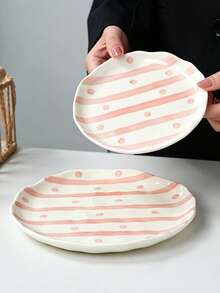 2pcs/1pc Hand Painted Striped & Polka Dot Ceramic Plates Set, Asymmetrical Wavy Rim Dinner Plates, Green Stripe Pink Dot Salad Dessert Serving Dishes, Microwave & Dishwasher , Tableware For Home Kitchen - Multicolor - View 9