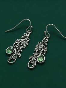 1 Pair Vintage Bohemian Style Vine Carved With Green Teardrop Rhinestone Pendant Earrings, Suitable For Women's Daily Wear, Travel, Party, Personalized Jewelry Gift - Silver - View 6