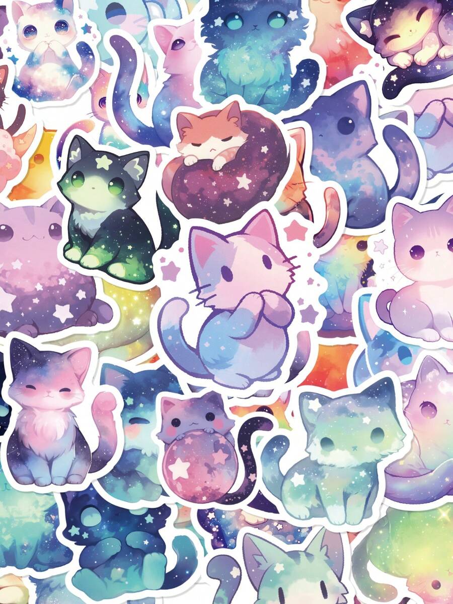 50Pcs Gradient Nebula Kitten Pp Stickers, Cartoon Patterns Of Pink‑Blue‑Purple Iridescent Galaxy Cats, Suitable For Luggage, Helmet, Guitar, Scrapbook, Water Bottle - Multicolor - View 1
