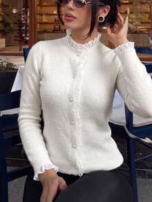 Women's Elegant White Ribbed Knit Short Cardigan With Ruffle Trim And Pearl Buttons, Long Sleeve Round Neck, Suitable For Autumn/Winter Wear Fall - White - View 3