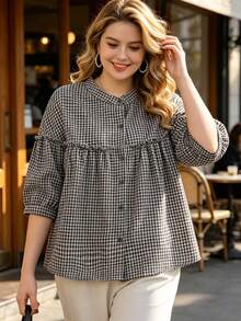 Plus Size Women's Plaid Ruffle Trim Short Sleeve Blouse, Loose Casual Fit - Black - View 1