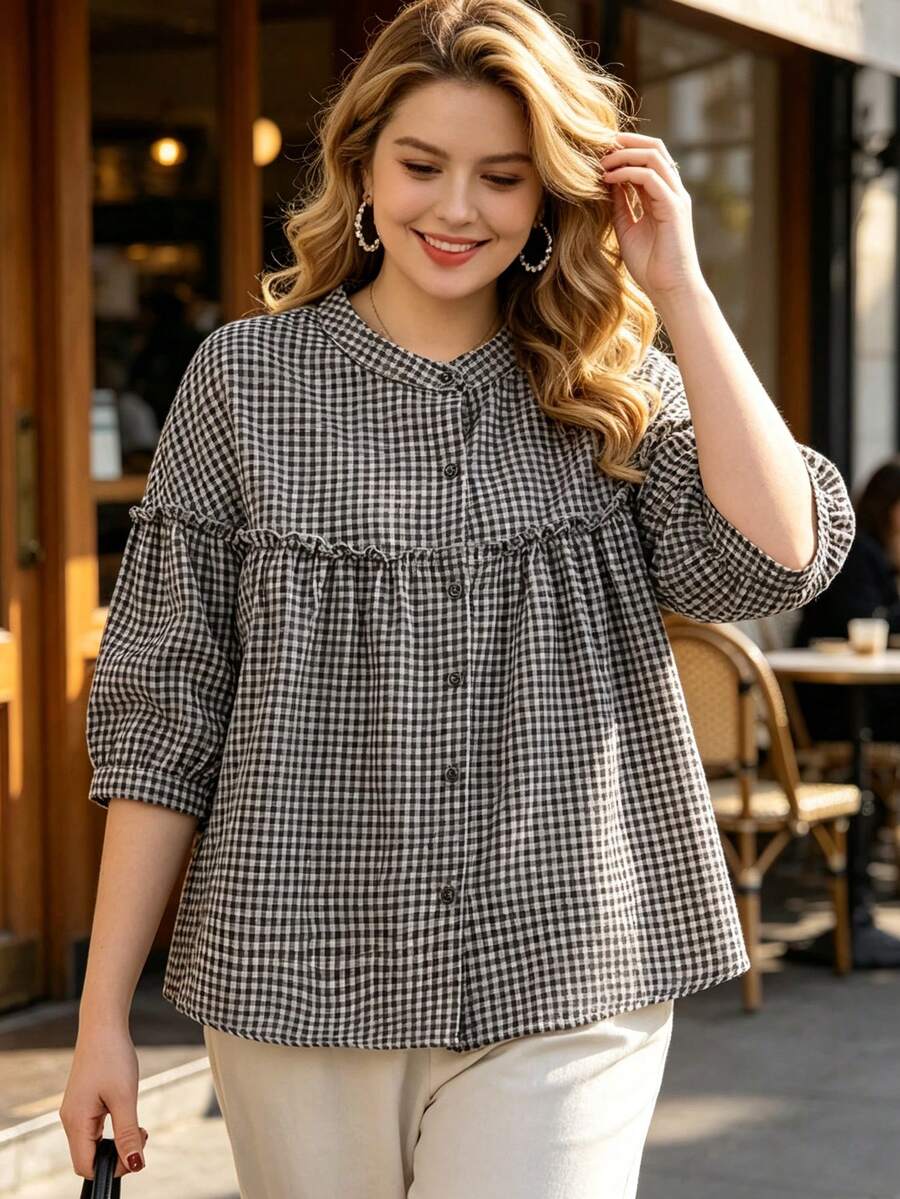 Plus Size Women's Plaid Ruffle Trim Short Sleeve Blouse, Loose Casual Fit - Black - View 1