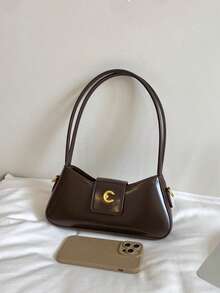Vintage Baguette Underarm Bag For Women, High-End Gold Buckle Shoulder Crossbody Bag, Minimalist Texture, Versatile Commuter Handbag - Coffee - View 9