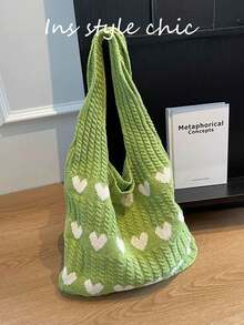 Heart Jacquard Knit Woven Accessory Large Capacity Open Top Closure Storage Bag, Suitable For Daily Commute, School, Shopping, Travel, Leisure, Multi-Use Handheld And Shoulder Bag - Green - View 8