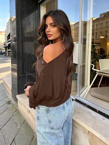 Women's Spring/Autumn Elegant Casual Daily Vacation Travel Country Music Concert Asymmetric/Irregular Off-Shoulder Solid Color Knit Long Sleeve T-Shirt - Rust Brown - View 4
