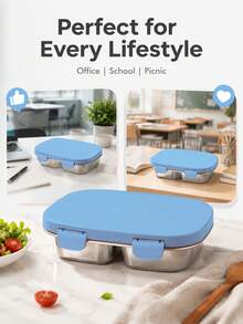 Meoky Stainless Steel 3-Compartment Leak-Proof Metal Lunch Box, Durable And Dishwasher , Suitable For Children And Adults, Ideal For School, Office And Outdoor Dining - Blue - View 5