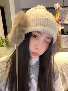 Versatile Warm Knitted Hat For Women, Winter Thermal Lined Pom Pom Earflap Hat, Face-Slimming Oversized Beanie - A - View 5