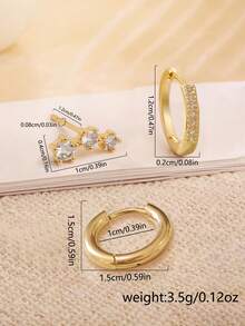 3pcs/Set Minimalist Elegant All-Match Layered Copper Inlaid Sparkling Cubic Zirconia Stud & Hoop Earrings, Suitable For Women's Daily Wear, Versatile For Events And Parties, Gift - Yellow Gold - View 4