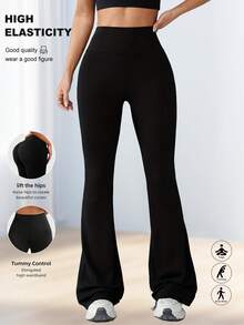 1pc Women's Solid Color Flare Pants, High Elasticity Comfortable Fabric, Anti-Wrinkle, Elastic Slim Fit Sports Style - Black - View 4