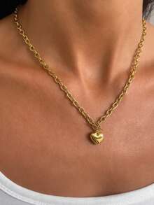 1pc Fashionable Summer Golden Stainless Steel OT Buckle Heart-Shaped Pendant Necklace, Suitable For Women, Versatile Jewelry Accessory Gift, USA, No Gift Box Included Valentines - Heart Necklace - View 3