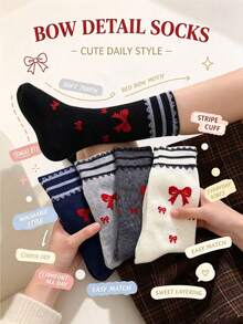 5 Pairs Japanese Style Red Bow Mid-Calf Socks For Women, Lace Trim Striped Socks, Sweet Girl Style Versatile Slouch Socks - Multicolor - View 2