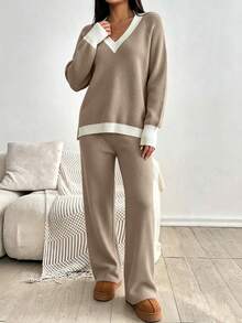 Women 2 Pieces Matching Set Solid Ribbed V‑Neck Long Sleeve Knit Sweater & Pants ElegantCasual CommuterOutfitFallWinterOffice DatingLoungewearforLadies - Khaki - View 5